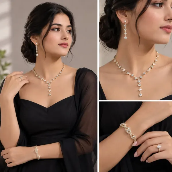 Elegant Crystal Floral Drop Jewelry Set – Gold-Plated Necklace, Earrings, Bracelet & Ring
