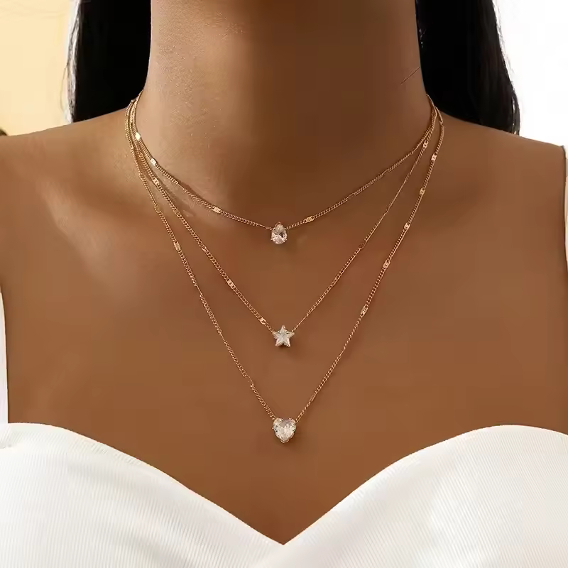 Elegant Triple-Layer Heart & Star Pendant Necklace